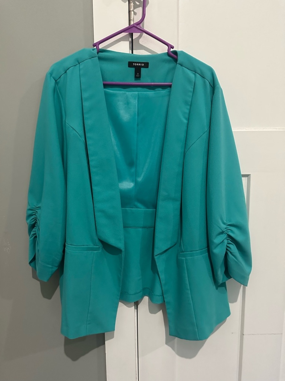 torrid teal open-front blazer with ruched sleeves